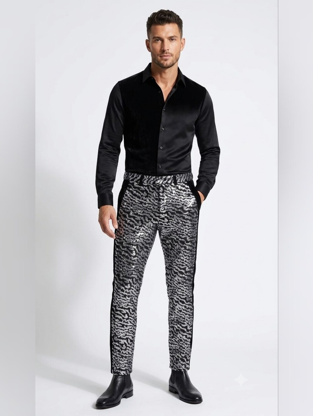 NWOT ASOS Design Men's Black Pants With  Silver Sequin Pattern